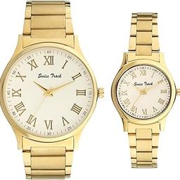 Brass Stt-02 Premium High Golden Plated White Dial Men'S And Women'S Couple Analogue Watch Pack Of 2-19