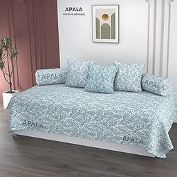 APALA Super Soft Cotton Paisley diwan Set for Living Room, diwan Set Covers Cotton, diwan Set 6 Pieces One Single Bedsheet with 3 Cushion Cover,2 Bolster (White(Aqua Print))-image-97