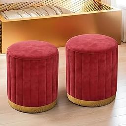 Round Ottoman Stool, Upholstered Pouffe for Living Room, Foot Rest and Office Décor (2, Red)-image-59