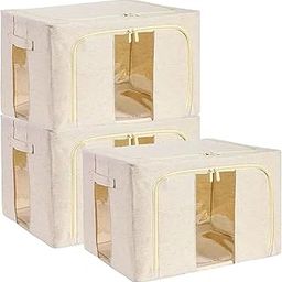 PRIME PICK Storage Box & Cloth Organiser Pack of 3 XXL clothes organizer Cotton Jute Wardrobe Organizer for Storage Foldable Washable Box with Lid Metal Frame & Handles Ideal for Almirah Drawer etc.-29