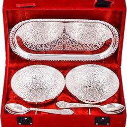 CRAZE CRAFTS Brass Floral Bowl Set with Royal Velvet Gift Box 150 Millilitre Number of Pieces 5 German Silver-image-79