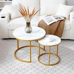 Nesting Coffee Table Set of 2, Modern Round Coffee Tables for Living Room with White Marble Tabletop, Gold Metal Frame and Non-Slip Feet, Circle Wooden Tables Side Table End Tables for Bedroom-image-19