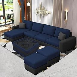 FURNY Arvon 8 Seater Fabric LHS Sectional L Shape Sofa Set with 1 Centre Table & 2 Puffy (Blue-Dark Grey)-image-41