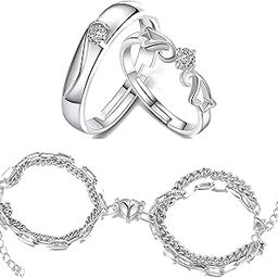 Elegant Silver Couple Bracelet With Ring For Women Boys Silver Couple Bracelet Magnetic Bracelets For Men Women Fashion Jewellery Combo-image-26