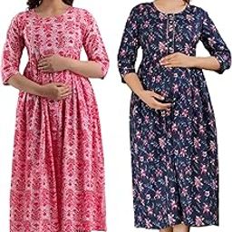Women's Pure Cotton A-Line Printed Maxi Maternity Gown Dress | Feeding/Maternity Gown Kurti for Women | Combo Pack of 2-image-92