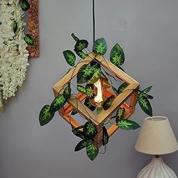 Homesake®Hanging Pendant Plant Light Fixtures Creative Home Decor Living Room Dining, Ceiling Light with Leafy Vine and Filament Bulb, Natural Wood Cube-image-73
