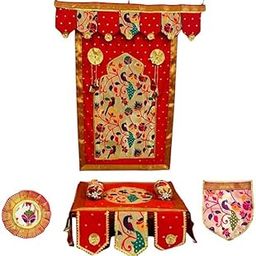 Traditional Paithani Backdrop Set | Chaurang Cover |Toran |Leaf and Kalash Mat |Red and Gold Peacock Design |-image-39