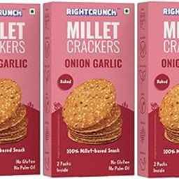 RIGHTCRUNCH Millet Crackers Gluten Free & Baked with High Protein & Fibre. Pack of 3 Onion Garlic Flavour - Healthy Crackers, Healthy Chai Time Snacks, 300g.-image-89
