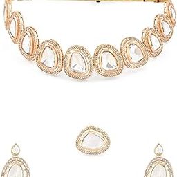 Gold Tone Dazzling Kundan & Austrian Diamonds Necklace Earring & Ring Set For Women-ZPFK16067-picture-1