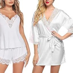 Women's 3-Piece Lingerie Set, Babydoll with Matching Satin Robe for Nightwear and Wedding Night (White, Free Size)-image-64