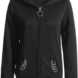 PDK Fashion Solid Black Long Sleeves Zip-up Fleece Hooded Neck Hoodie Metal Rings Sweatshirt for Women's-image-48