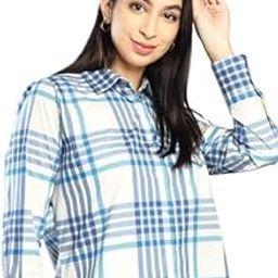 Women Spread Collar Checked Cotton Boyfriend Fit Casual Shirt(16210White-Blue)-picture-0