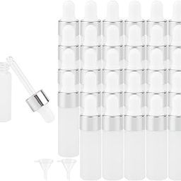 Newzoll 30Pcs 5ml Frosted Glass Dropper Bottles, 1/6Oz Silver Dropping Vials with Glass Eye Dropper & 2 Funnels, Empty Sample Glass Dropper Bottles Vials for Essential Oil Perfume-42