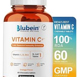 Blubein Vitamin C Chewable Tablets with Vitamin D, Zinc, Amla Extract & Antioxidants | Boosts Immunity & Skin Glow | Orange Flavour - 60 Veg Tablets-image-4
