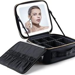 MuiiuM Polyester Makeup Travel Train Case with Mirror LED Light 3 Cosmetic Bag Portable Storage Adjustable Partition Waterproof Makeup Brushes Makeup Jewelry Gift for Women, black,26.9x24.9x11.7 cm-14
