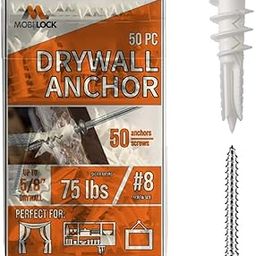 Pack of 50 Self Drilling Drywall Anchors #8 and 50 Philips Pan Head Self Tapping Screws for Gypsum Boards & Drywalls or Plasterboard - Holds up to 75 Lbs / 34 Kg - No Hole Prep Needed - by Mobi Lock-1