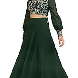 janasya Women Dark Green Embroidered Printed Georgette Top & Skirt Latest Style-picture-20
