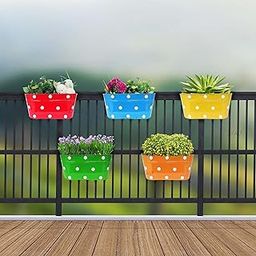 EXALT® Railing Planters Dotted Oval Rectangular Shape Hanging Flower Pots for Grills Home Gardening Outdoor Metal Plant Pots (Multicolour, Pack of 5)-image-12