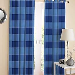 Airwill Blue Checkered Pattern Cotton Window Curtains 4x5ft Pack of 2 Pieces-6