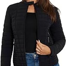 Women Black Solid Stand Collar Quilted Jacket-image-3