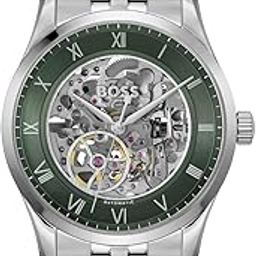 BOSS Principle Skeleton Mech-Automatic Green Round Dial Men's Watch|Stainless Steel Material|Silver Color Band - 1514236-5