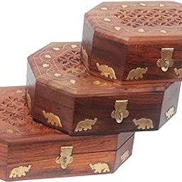 Woodiva Handmade Sheesham Wooden & Brass Storage Box Hand Carved Jewelry Box & Decorative Gift Box Antique (Set of 3)-image-56