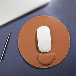 CLADD INTERNATIONAL Vegan Leather Round Mouse Pad Wrist Rest | Ergonomic Stitched Edge | Cushion Foam Support & Pain Relief | Computer Laptop Home & Office Non-Slip Hard Base | Tan-24