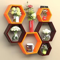 Raafi Hexagonal Shape Wooden Floating Wall Shelves (Set of 6) (Orange & Brown)-image-62