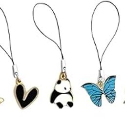 ISHVYA Cute Animal Phone Charms Set, 5 Pieces Mobile Strap Accessories with Butterfly, Panda, Heart Designs, Black-image-70