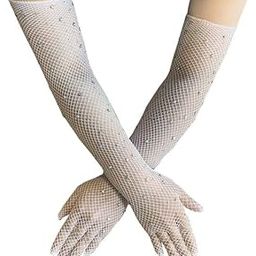 Women Rhinestone Fishnet Long Gloves Mesh Sparkly Glitter Fashion Opera Gloves For Party Halloween Costumes Accessories(White)-image-1
