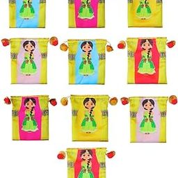 Sri Yagnaa - Pack of 10 - Mehandi Design Potli Bags - Fabric Potli Bags - Women's Silk Drawstring Closure - Gift Pouches - for Return Gifting (Multi-Color)-8
