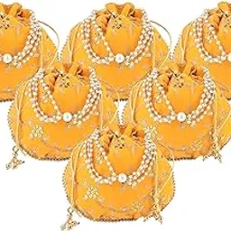kuber industries 6 Pcs Polyester Potli Bags for Women | Traditional Indian Zari Work Potli Bag | Ladies Batwa Purse for Return Gifts | Drawstring Handbag & Khajoor Wristlets - Yellow-picture-41
