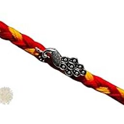 Handmade Peacock Design Rakhi, Traditional Mauli Thread Raksha Bandhan Bracelet with Roli Chawal, Red and Yellow-image-28