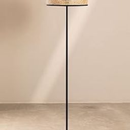 AKWAY Rattan Cane Webbing Floor Lamp Bamboo Floor Lamp Cane Standing Lamp Wooden Standing lamp for Living Room Bedroom (14" D X 8") (Black Stand)(Eye Webbing)-image-81
