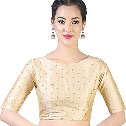 Women Cotton Silk Silky Brocade Readymade Elbow Length Sleeves Saree Blouse Choli-image-3