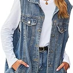 Women's Oversized Denim Vest, Distressed Mid Length Sleeveless Jean Jacket Waistcoat with Pockets, Blue, Size Large-16