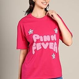Pink Fever Oversized T-Shirt for Women | Cotton Tee with Puff Print Typography | Relaxed Fit Statement Top for College & Everyday (Magenta)-16