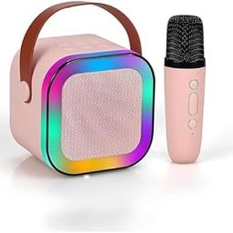 Portable Karaoke Speaker Set with LED Lights, Wireless Microphone, Pink-15