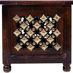 JAISMIN Antique Wooden Stool Side Table with Brass Cutting Design | Handmade Storage Stool for Living Room, Bedroom & Home Décor | Multipurpose Vintage Accent Furniture for Seating & Storage 12 Inch-image-73