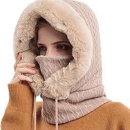 Womens Beanie Hat Scarf Mask Set Winter Knitted Warm Face Protection Beige-image-37