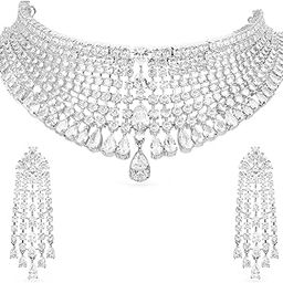 Rhodium-Plated White AAA Cubic Zirconia Studded Premium Choker Jewellery Set for Women – for Parties & Special Occasions-image-2