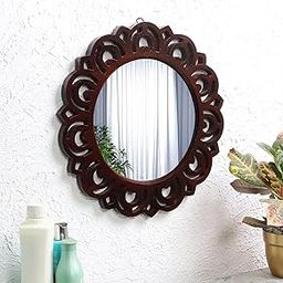 THE URBAN STORE Decorative & Hand Crafted Wooden Wall Round Mirror In Walnut Finish (40 X 40 Cm)-17