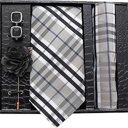 Men Formal/Casual Jacquard Check Neck Tie Pocket Square Gift Set with Cufflinks and Brooch Pin - Check Grey Gift Box (Free Size)-image-4