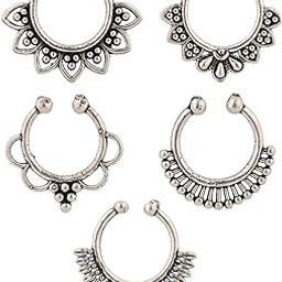 Set of 5 Oxidised German silver Nosepin for Women and Girls|No Piercing required|Floral Shaped Nosepin Combo|Birthday Gift for Girls and Women Anniversary Gift for Wife|Enjoy pain-free expression-12