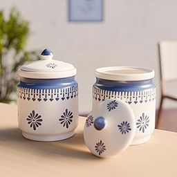The Earth Store Blue Drape 600 ML Ceramic Pickle Jars Set of 2 | Barni Jar with Lid | Ceramic Storage Jar Container Pickle/Achar, Sauces, Chatney, Sugar-image-25