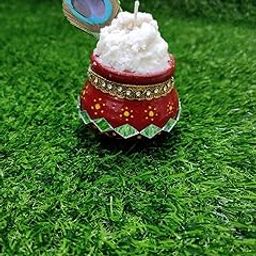 Decorative Makhan Matki Candle with Peacock Feather, Red and White-image-99