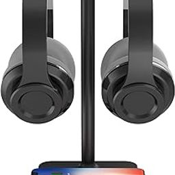 RGB Dual Headphone Stand with Wireless Charger KAFRI Desk Gaming Double Headset Holder Hanger Rack with 10W/7.5W QI Charging Pad and QC 3.0 USB Port - Suitable for Gamer Desktop Table Game Earphone-59