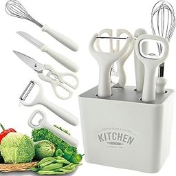Stainless Steel 6-Piece Kitchen Gadgets Set, Kitchen Scissors, Kitchen Utensils Set with Holder, Paring Knife, Whisk, Bottle Opener, Peeler- Anti-Slip Handle, Decorative Base, White-image-23