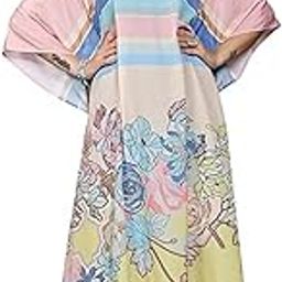 Long Kaftan in Soft Silk with Exclusive Multicolor Floral Digital Print and 3/4th Sleeves Perfect for Resort Wear and Beach Days (Pastel Strips Floral)-picture-47