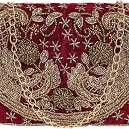 fabbhue Women's Maroon Beaded Hand Embroidered Party/wedding/Ethnic Box Clutch Bag Purse with chain strap-picture-1